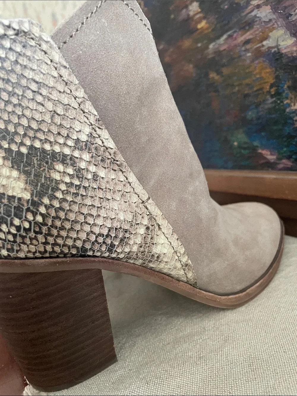 Dolce Vita Taupe Suede Ankle Boots with Snake-Print Accent size 9